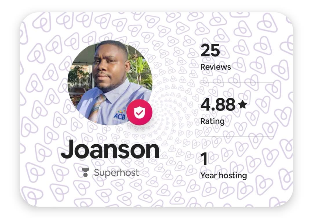 Airbnb profile card for Joanson: Superhost, 25 reviews, 4.88 star rating, 1 year hosting.