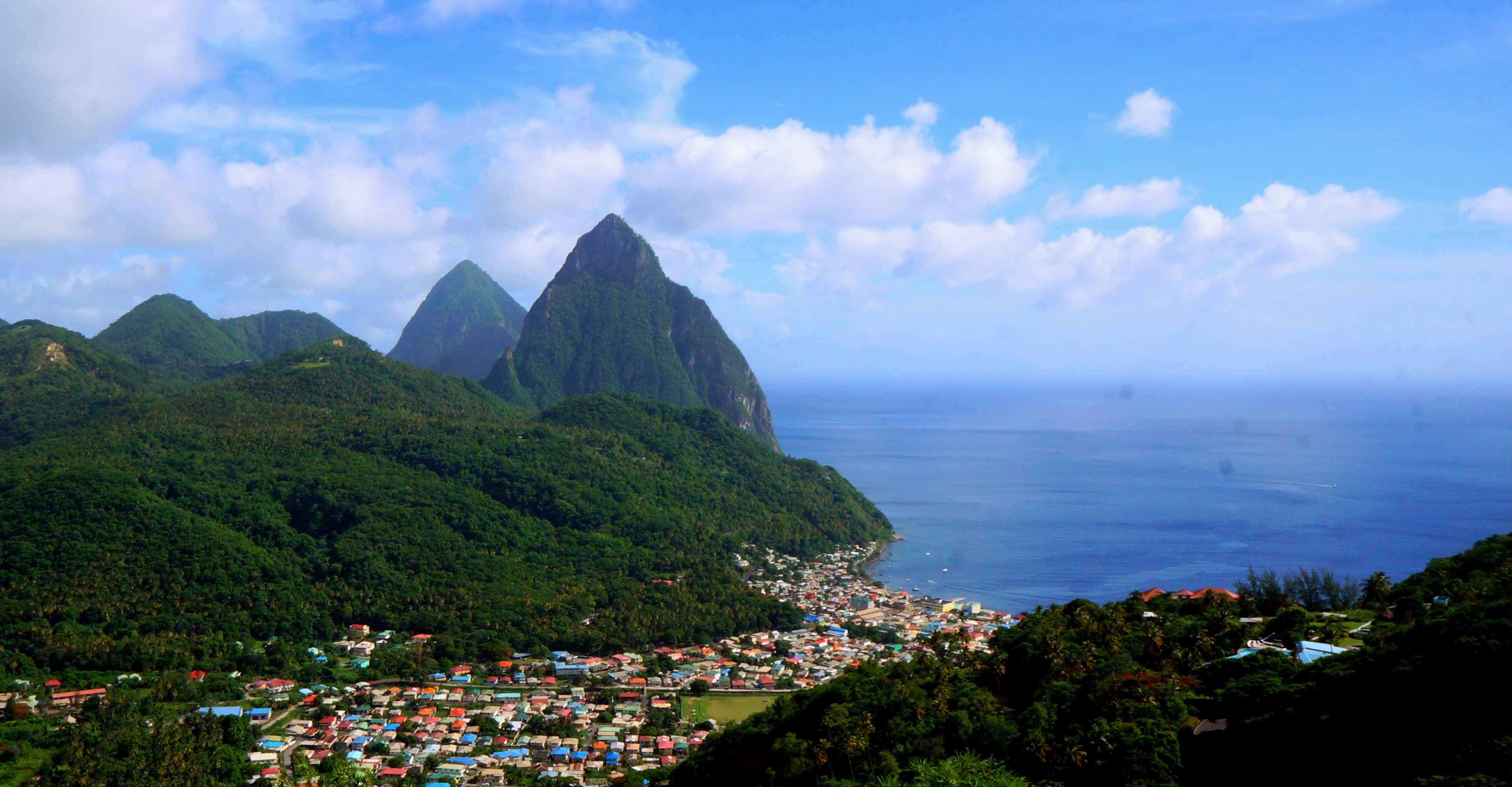 Gros Piton and Petit Piton behind Soufrière, Saint Lucia